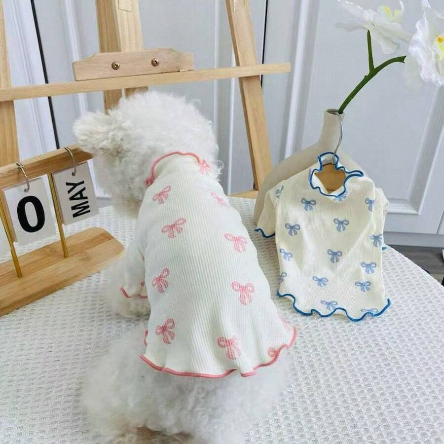 1pc Pet Dog/Cat Full Body Print Dress with Pink Bow Tie – Breathable Outfit for Teddy, Poodle, Chihuahua