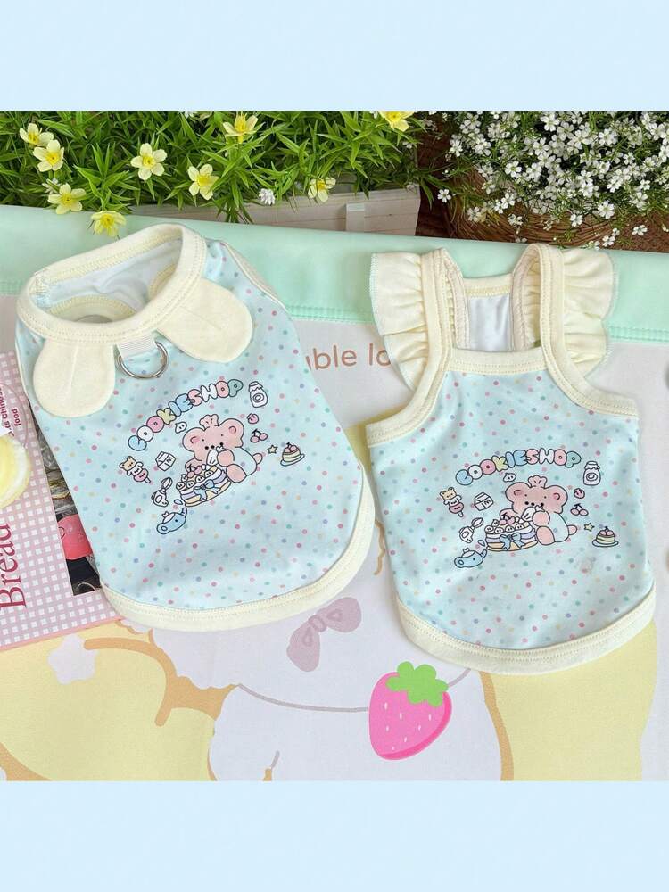 1pc Lovely Cartoon Printed Pet Vest – Macaron Color Sleeveless Outfit for Cats & Small Dogs, with Cute Ears & Cookie Shop Design