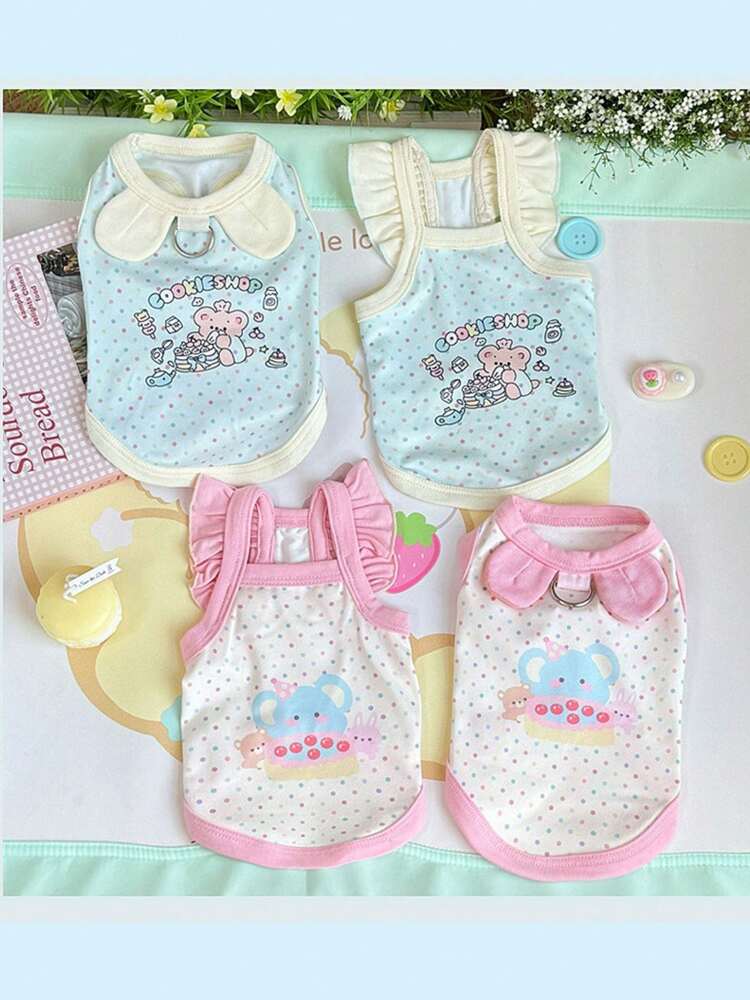 1pc Lovely Cartoon Printed Pet Vest – Macaron Color Sleeveless Outfit for Cats & Small Dogs, with Cute Ears & Cookie Shop Design
