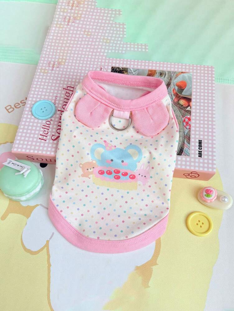 1pc Lovely Cartoon Printed Pet Vest – Macaron Color Sleeveless Outfit for Cats & Small Dogs, with Cute Ears & Cookie Shop Design