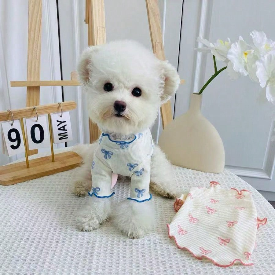 1pc Pet Dog/Cat Full Body Print Dress with Pink Bow Tie – Breathable Outfit for Teddy, Poodle, Chihuahua