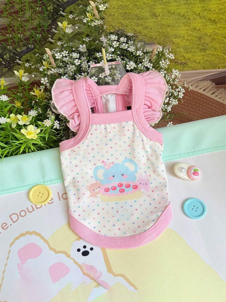 1pc Lovely Cartoon Printed Pet Vest – Macaron Color Sleeveless Outfit for Cats & Small Dogs, with Cute Ears & Cookie Shop Design
