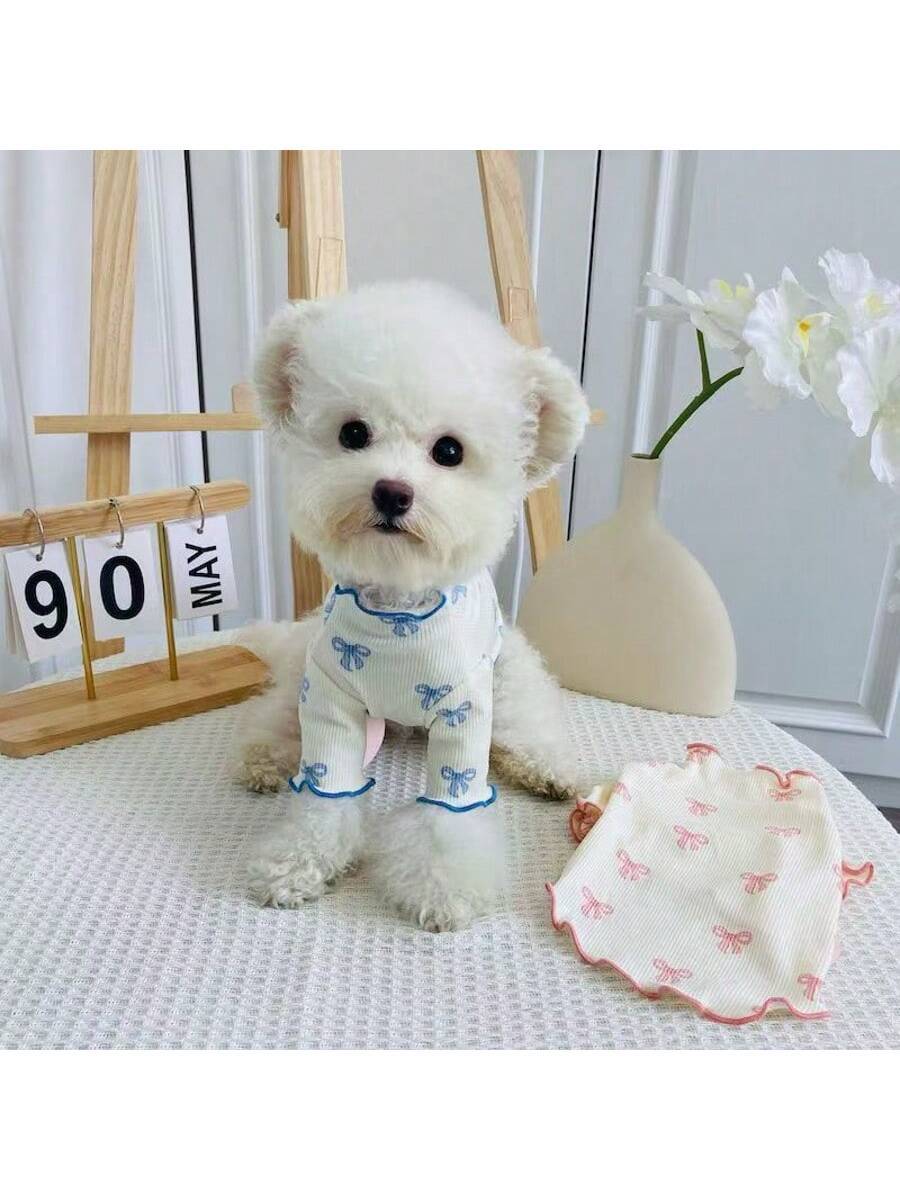 1pc Pet Dog/Cat Full Body Print Dress with Pink Bow Tie – Breathable Outfit for Teddy, Poodle, Chihuahua