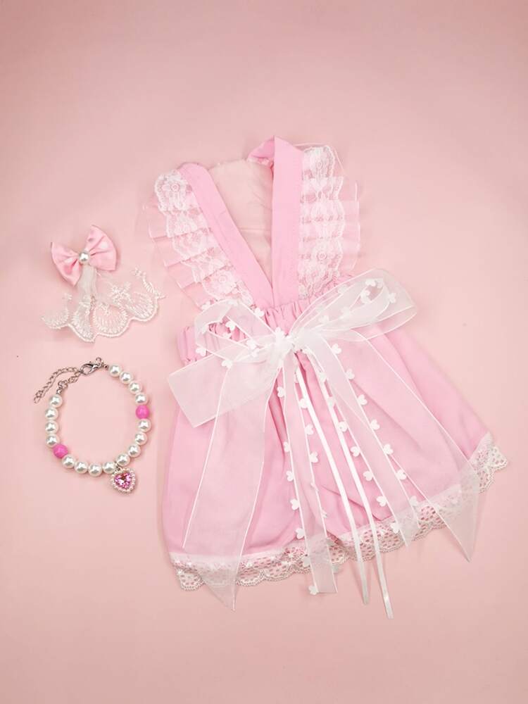 1pc Bow Decor Pet Dress & 1pc Pet Necklace & 1pc Pet Hair Clip