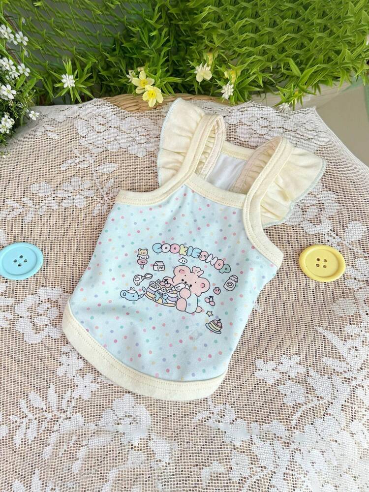 1pc Lovely Cartoon Printed Pet Vest – Macaron Color Sleeveless Outfit for Cats & Small Dogs, with Cute Ears & Cookie Shop Design