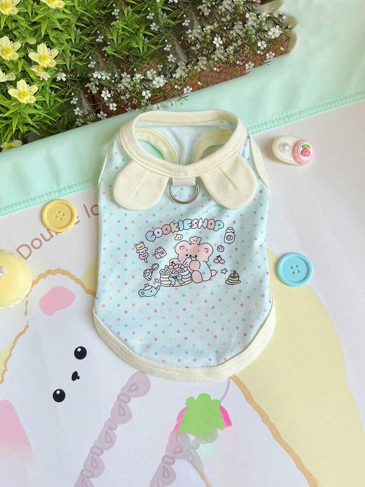 1pc Lovely Cartoon Printed Pet Vest – Macaron Color Sleeveless Outfit for Cats & Small Dogs, with Cute Ears & Cookie Shop Design