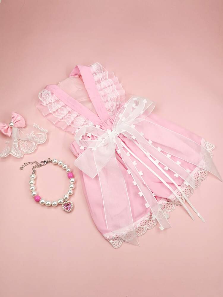 1pc Bow Decor Pet Dress & 1pc Pet Necklace & 1pc Pet Hair Clip