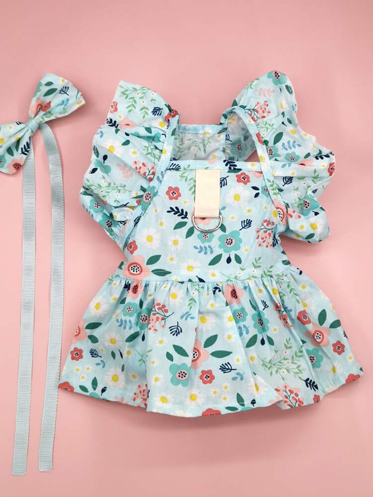 1pc Floral Print Pet Dress With Bow