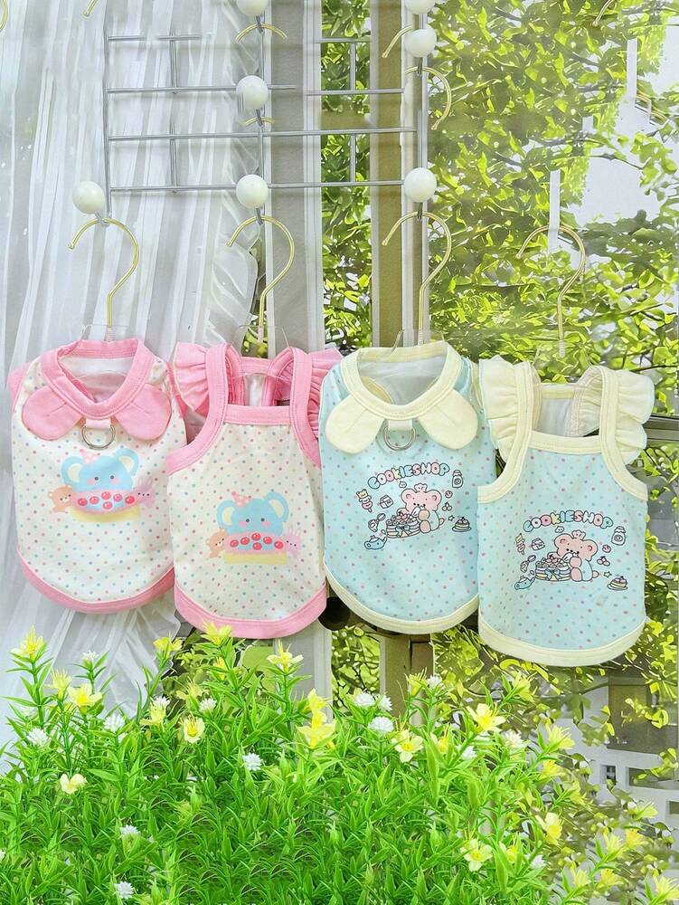 1pc Lovely Cartoon Printed Pet Vest – Macaron Color Sleeveless Outfit for Cats & Small Dogs, with Cute Ears & Cookie Shop Design