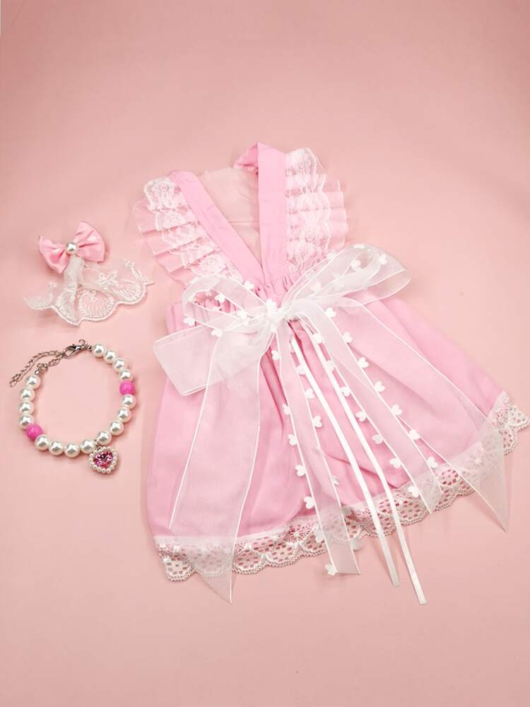 1pc Bow Decor Pet Dress & 1pc Pet Necklace & 1pc Pet Hair Clip
