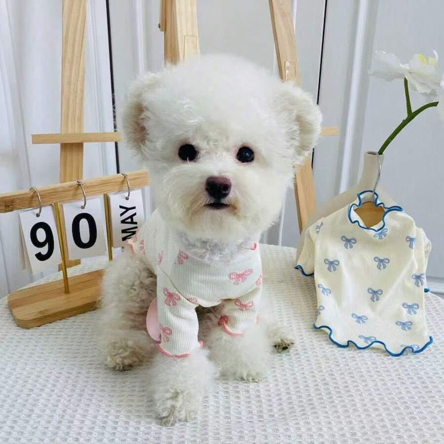 1pc Pet Dog/Cat Full Body Print Dress with Pink Bow Tie – Breathable Outfit for Teddy, Poodle, Chihuahua