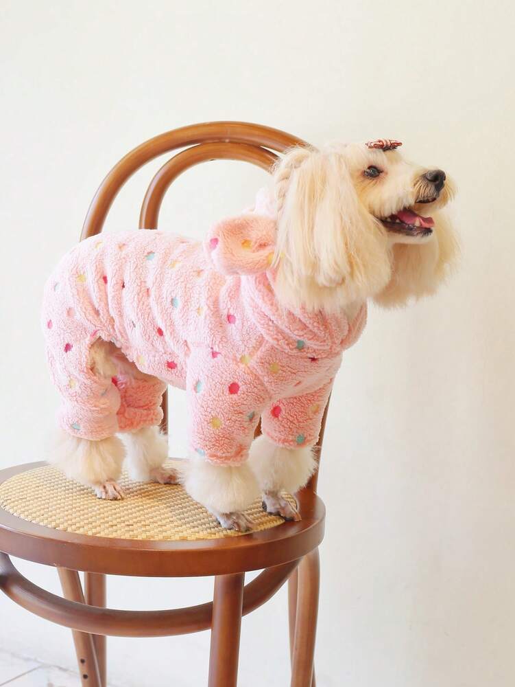 1pc Coral Fleece Polka Dot Hooded Jumpsuit Pet Winter Clothes For Cats & Dogs, Super Soft & Warm