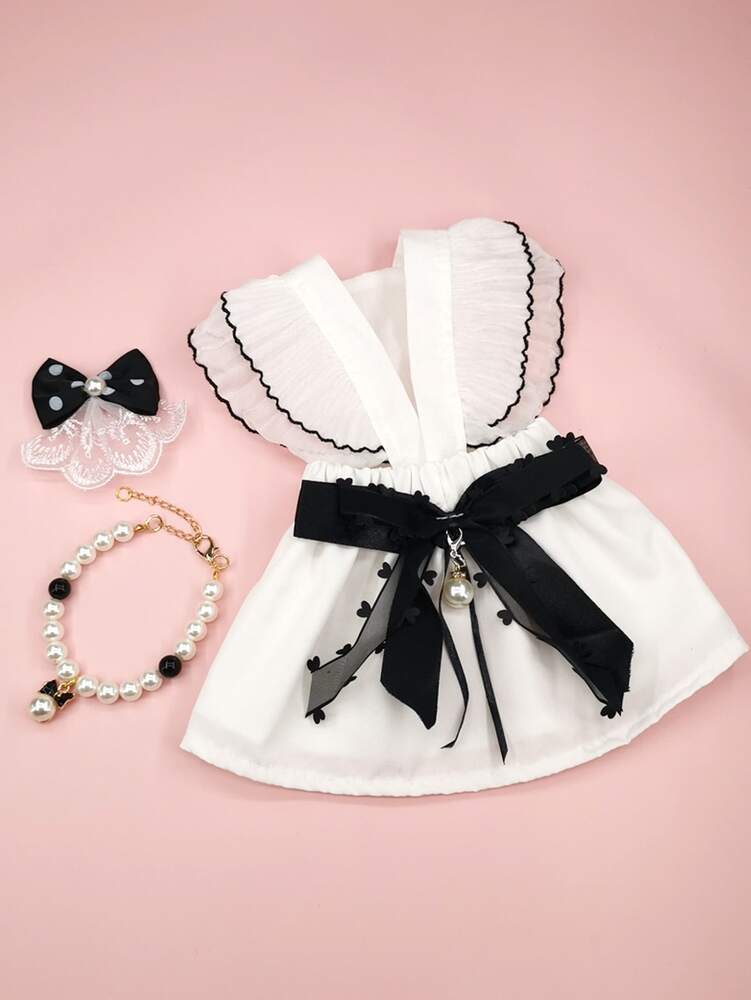 1pc Bow Decor Pet Dress & 1pc Pet Necklace & 1pc Pet Hair Clip