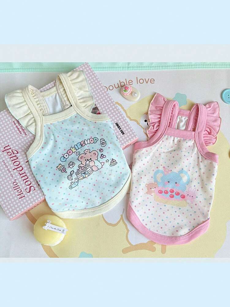 1pc Lovely Cartoon Printed Pet Vest – Macaron Color Sleeveless Outfit for Cats & Small Dogs, with Cute Ears & Cookie Shop Design
