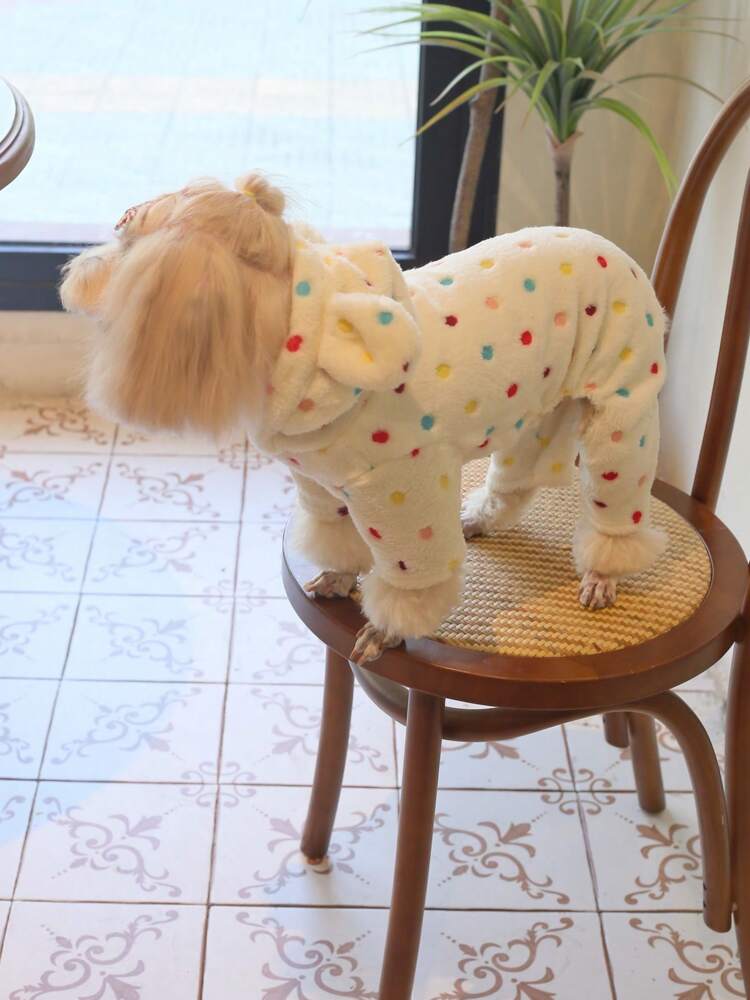 1pc Coral Fleece Polka Dot Hooded Jumpsuit Pet Winter Clothes For Cats & Dogs, Super Soft & Warm