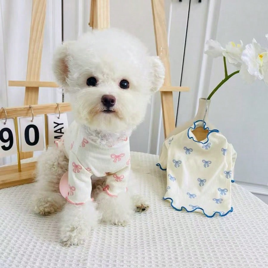 1pc Pet Dog/Cat Full Body Print Dress with Pink Bow Tie – Breathable Outfit for Teddy, Poodle, Chihuahua