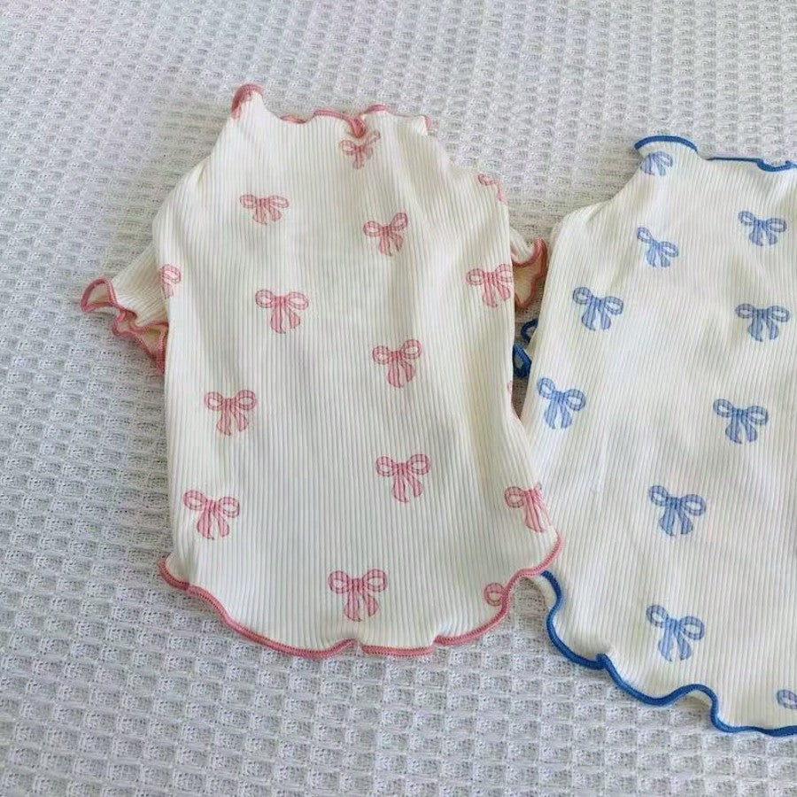 1pc Pet Dog/Cat Full Body Print Dress with Pink Bow Tie – Breathable Outfit for Teddy, Poodle, Chihuahua