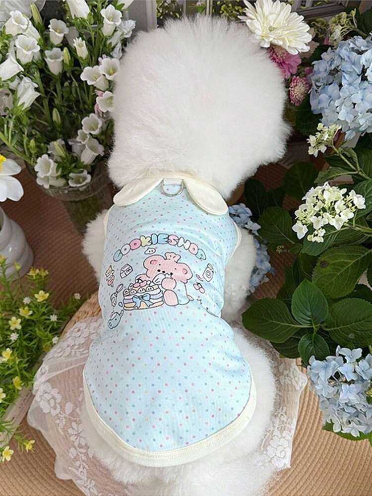 1pc Lovely Cartoon Printed Pet Vest – Macaron Color Sleeveless Outfit for Cats & Small Dogs, with Cute Ears & Cookie Shop Design