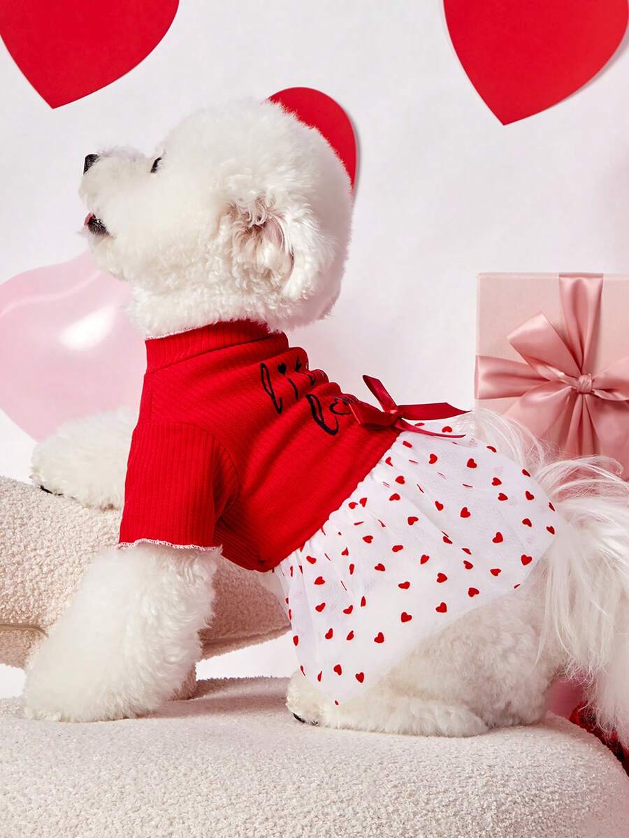 Dog Dress Valentine's Day Pink Knitted Patchwork Heart Flocked Mesh Bowknot Cute Outfit for Small Medium Dogs - Festive Apparel for Pets, Comfortable & Stylish Gift