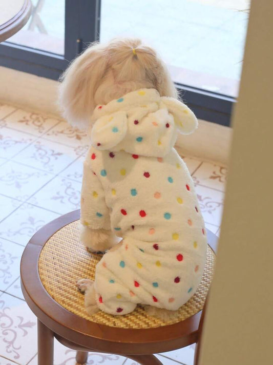 1pc Coral Fleece Polka Dot Hooded Jumpsuit Pet Winter Clothes For Cats & Dogs, Super Soft & Warm