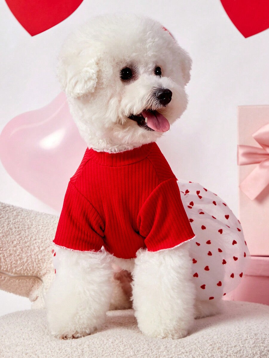 Dog Dress Valentine's Day Pink Knitted Patchwork Heart Flocked Mesh Bowknot Cute Outfit for Small Medium Dogs - Festive Apparel for Pets, Comfortable & Stylish Gift