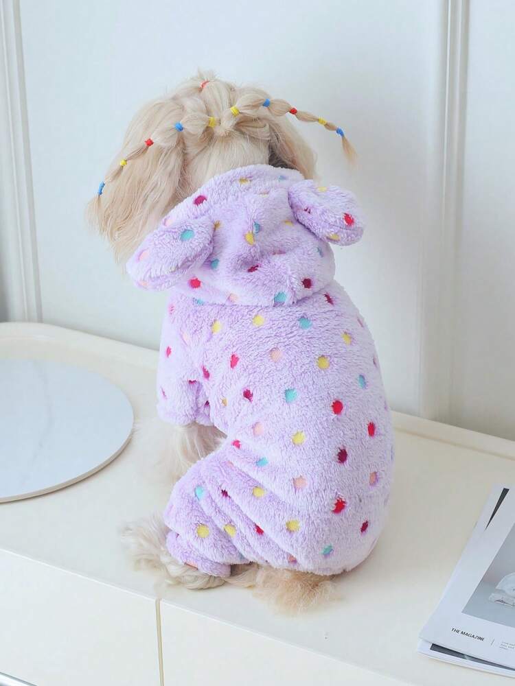 1pc Coral Fleece Polka Dot Hooded Jumpsuit Pet Winter Clothes For Cats & Dogs, Super Soft & Warm