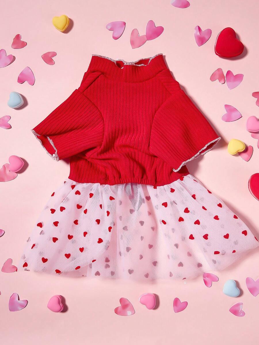 Dog Dress Valentine's Day Pink Knitted Patchwork Heart Flocked Mesh Bowknot Cute Outfit for Small Medium Dogs - Festive Apparel for Pets, Comfortable & Stylish Gift