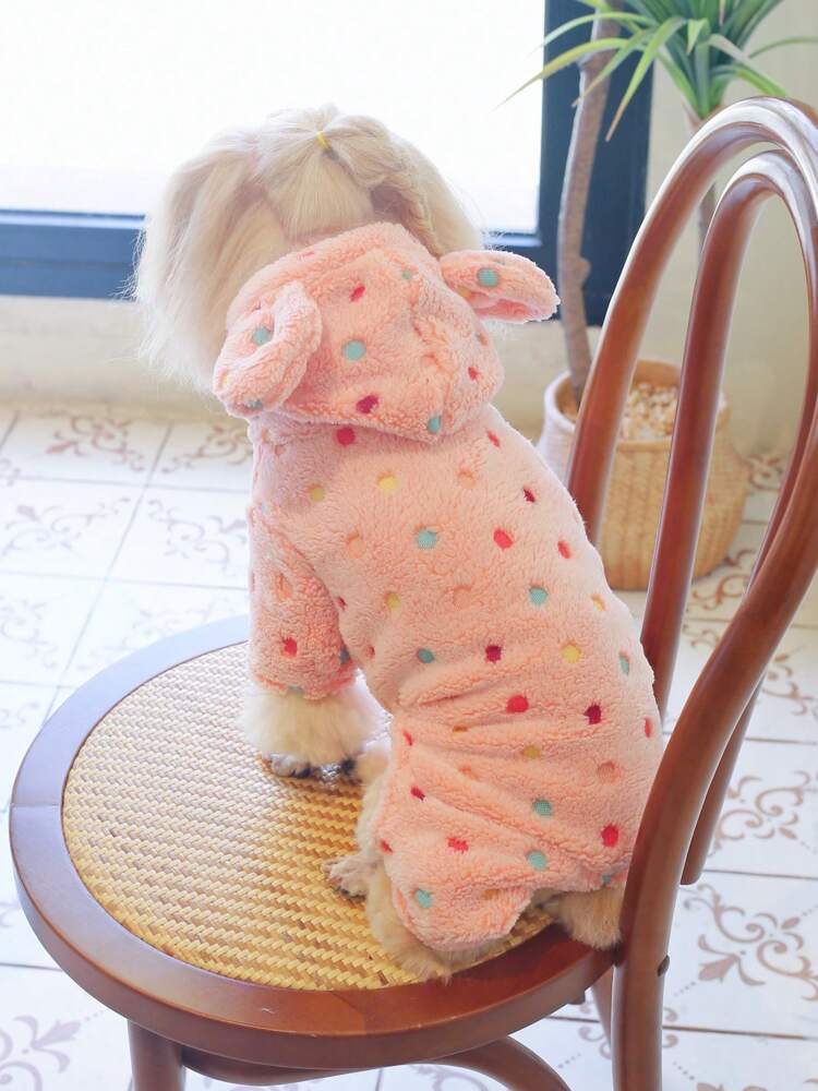 1pc Coral Fleece Polka Dot Hooded Jumpsuit Pet Winter Clothes For Cats & Dogs, Super Soft & Warm
