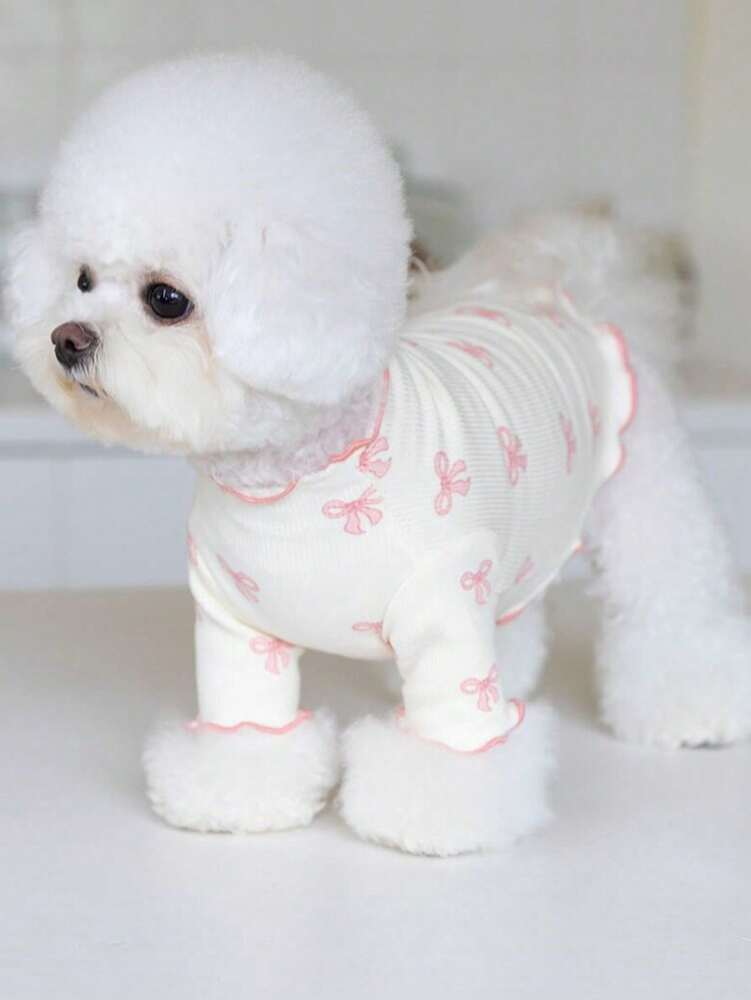 1pc Pet Dog/Cat Full Body Print Dress with Pink Bow Tie – Breathable Outfit for Teddy, Poodle, Chihuahua