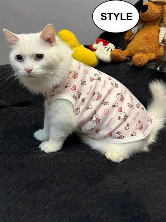 Sanrio 1pc Cute Cat Print Pet Tank Top – Cartoon Design Pet T-Shirt, Suitable for Small Dogs & Cats
