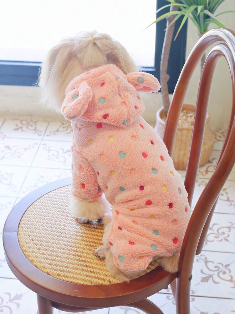 1pc Coral Fleece Polka Dot Hooded Jumpsuit Pet Winter Clothes For Cats & Dogs, Super Soft & Warm