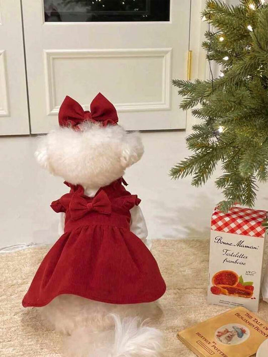 1pc Red Corduroy Bow-Tie Collar Dress For Pets, With A Red Bow Hair Clip, Perfect For Dogs And Cats To Wear When Going Out