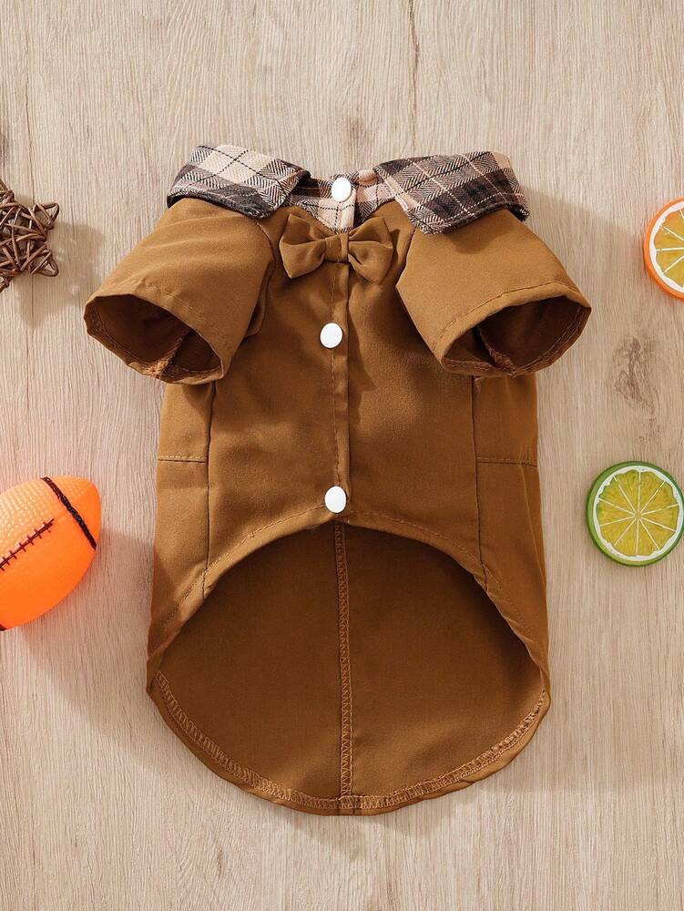 1pc Brown Plaid Collar Pet Shirt For Small Dogs And Cats, Spring/Autumn