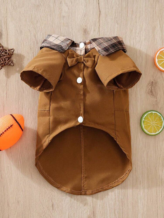 1pc Brown Plaid Collar Pet Shirt For Small Dogs And Cats, Spring/Autumn