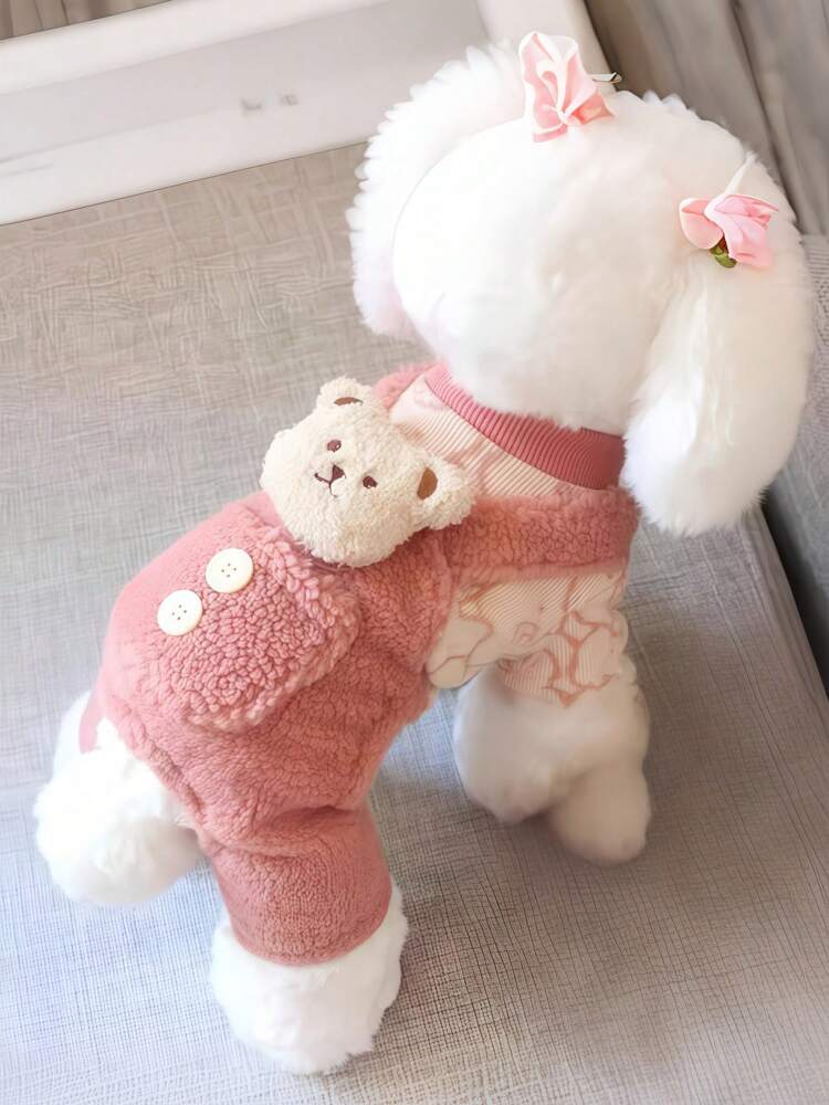 SHEIN Thermal Lined Pet Jumpsuit With Bear Strap Design, Button Style, Thick Warm Pet Clothes For Cats And Dogs