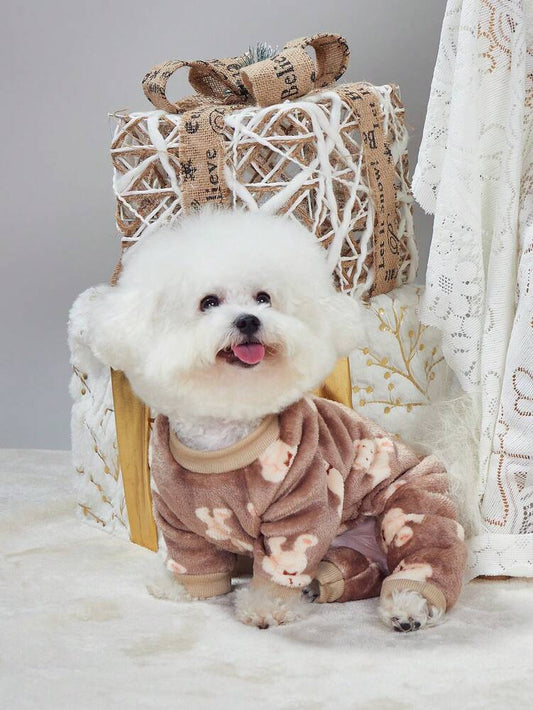 PETSIN 1pc Pet Thick Fleece Jumpsuit in Brown Bear Pattern, Random Design