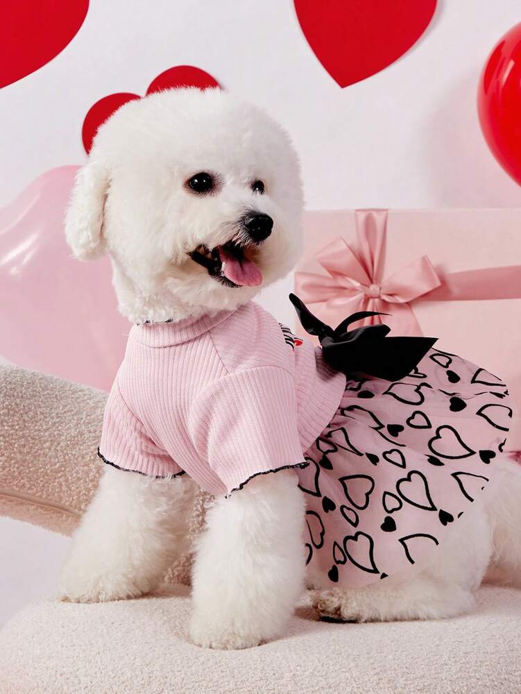 Dog Dress Valentine's Day Pink Knitted Patchwork Heart Flocked Mesh Bowknot Cute Outfit for Small Medium Dogs - Festive Apparel for Pets, Comfortable & Stylish Gift