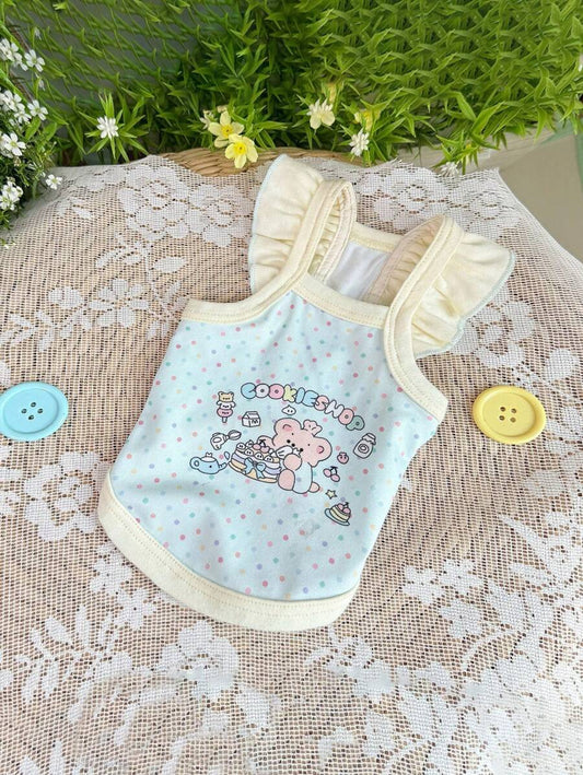 1pc Lovely Cartoon Printed Pet Vest – Macaron Color Sleeveless Outfit for Cats & Small Dogs, with Cute Ears & Cookie Shop Design