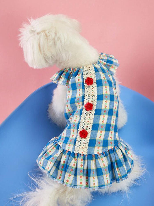 PETSIN 1pc Rustic Style Blue Plaid Lace Trim Cap Sleeve Cute Pet Dog Dress