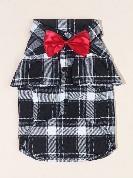 1pc Red Bow Tie Black & White Plaid Pet Shirt Suit For Indoor/Outdoor Cat Or Dog Wedding Attire