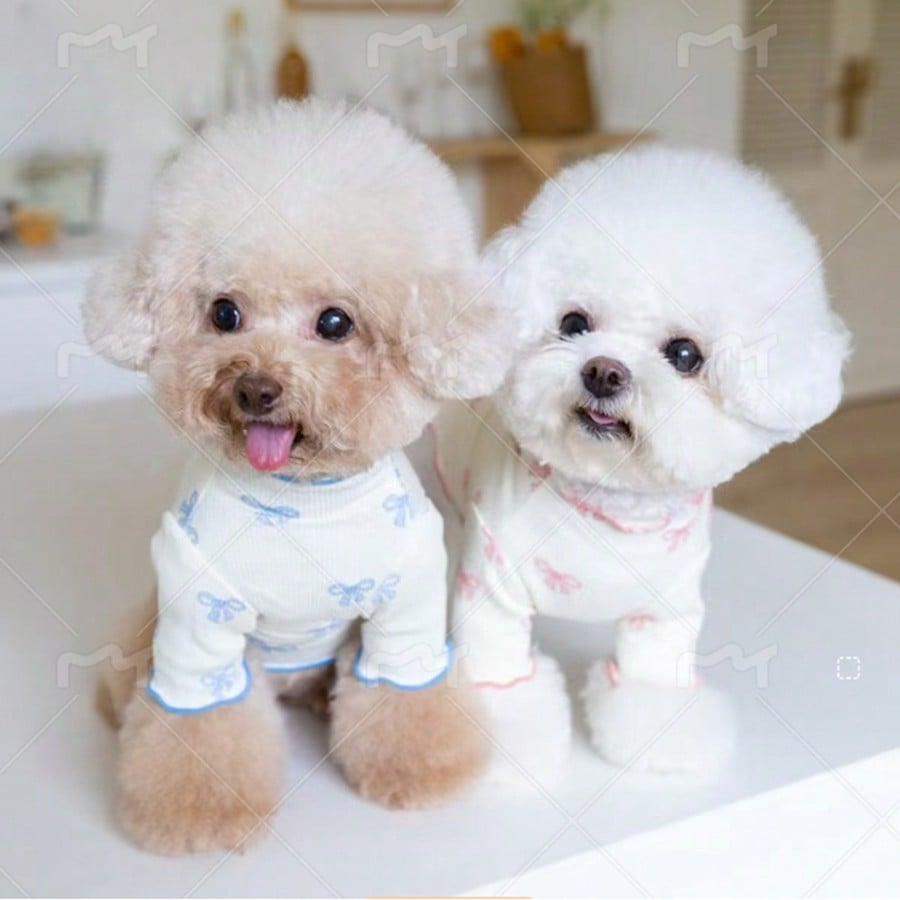 1pc Pet Dog/Cat Full Body Print Dress with Pink Bow Tie – Breathable Outfit for Teddy, Poodle, Chihuahua