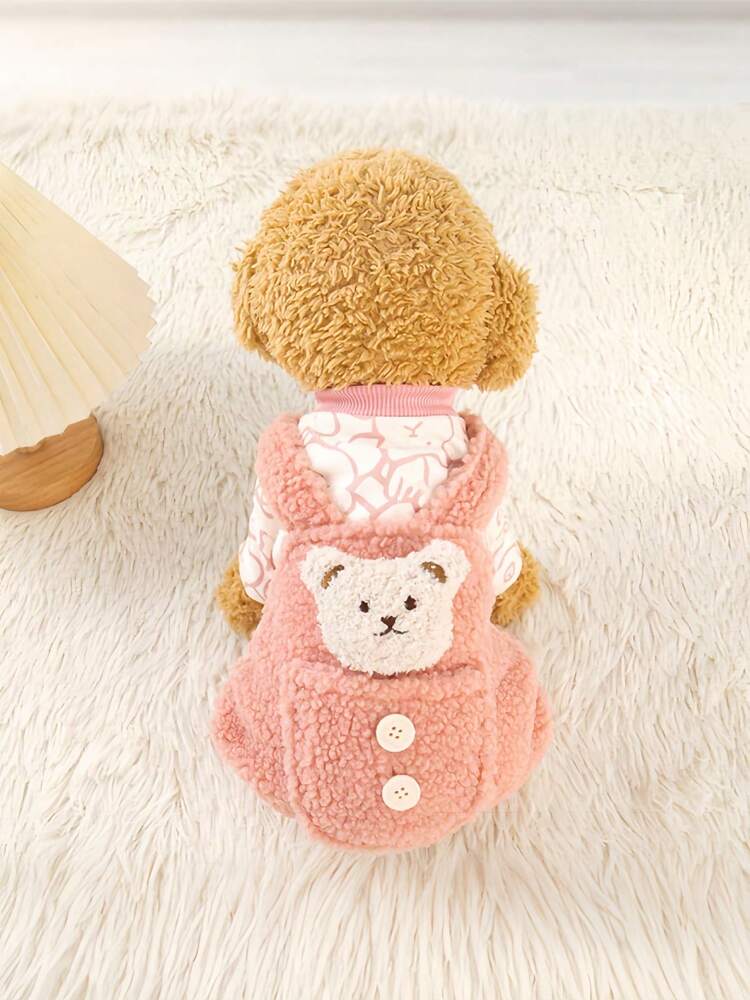SHEIN Thermal Lined Pet Jumpsuit With Bear Strap Design, Button Style, Thick Warm Pet Clothes For Cats And Dogs