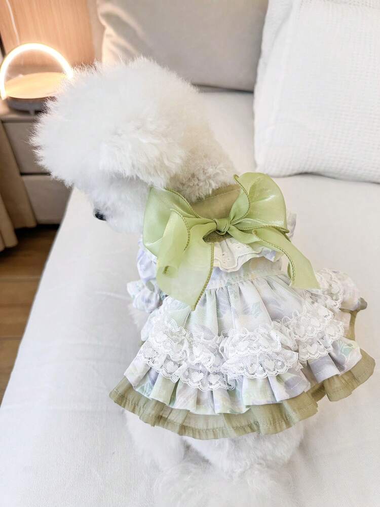 1pc Pet Dress, Cute & Stylish Puppy/Kitten Outfit, Small Breed Dogs Apparel, Comfortable Green Fairy-Tale Dress