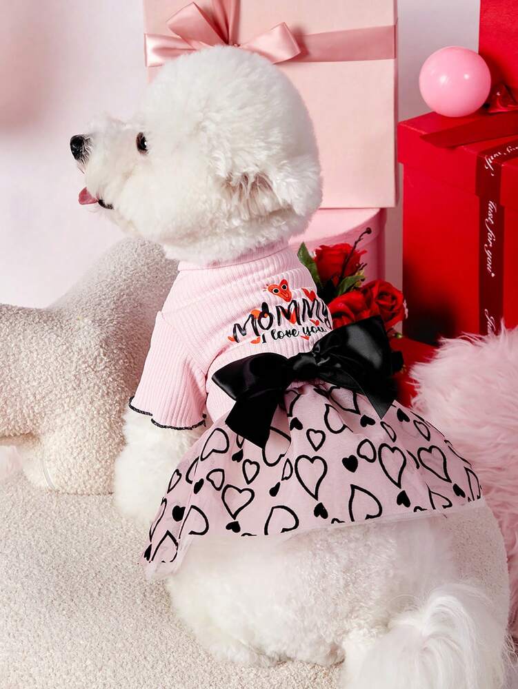 Dog Dress Valentine's Day Pink Knitted Patchwork Heart Flocked Mesh Bowknot Cute Outfit for Small Medium Dogs - Festive Apparel for Pets, Comfortable & Stylish Gift