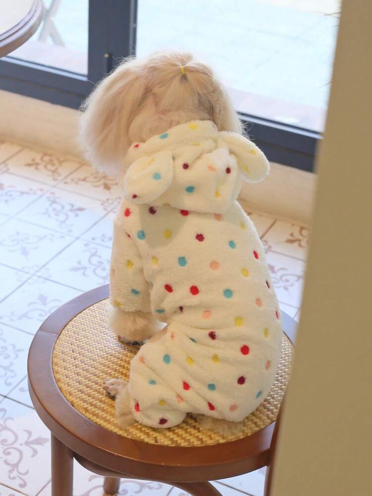 1pc Coral Fleece Polka Dot Hooded Jumpsuit Pet Winter Clothes For Cats & Dogs, Super Soft & Warm