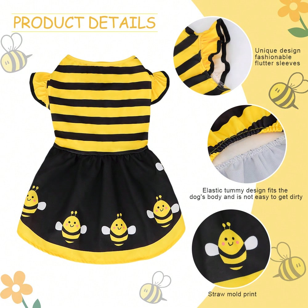 1pc Cute Bee Stripe Print Pet Dog Dress With Flutter Sleeves, Suitable For Small/Medium Dogs And Cats In Summer
