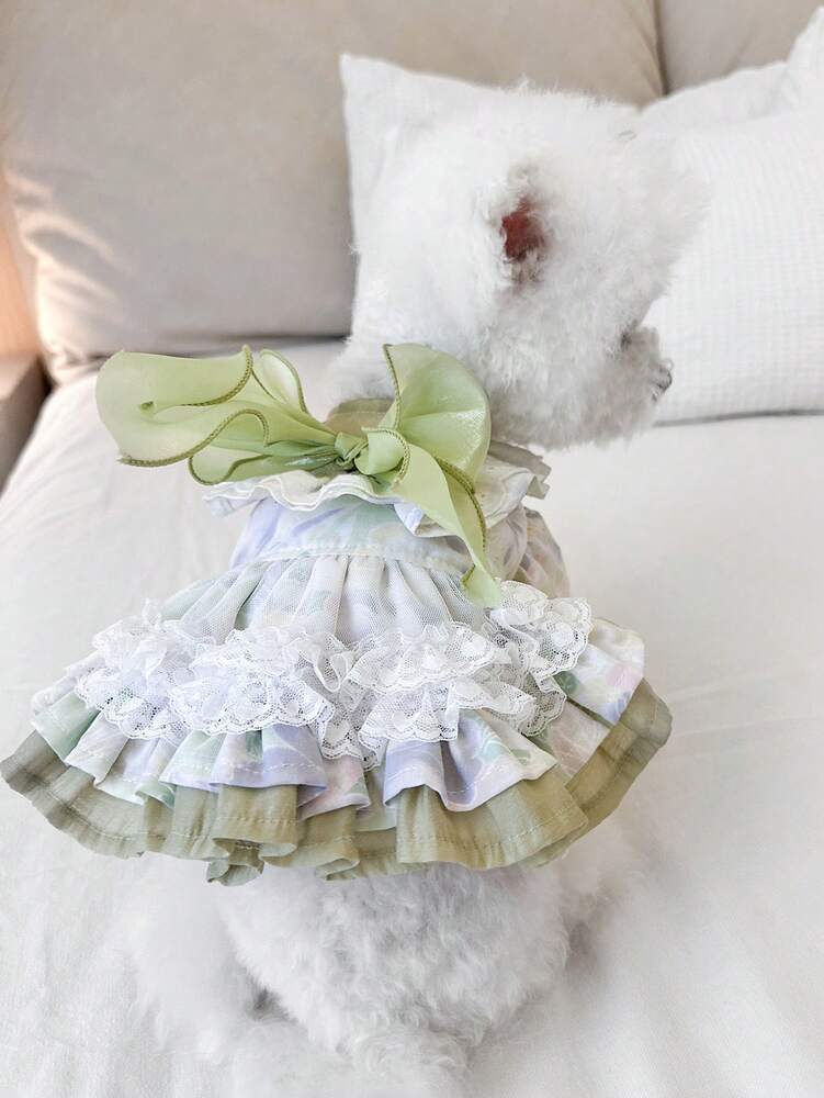1pc Pet Dress, Cute & Stylish Puppy/Kitten Outfit, Small Breed Dogs Apparel, Comfortable Green Fairy-Tale Dress