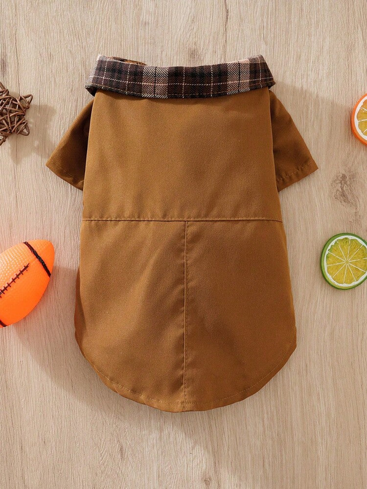 1pc Brown Plaid Collar Pet Shirt For Small Dogs And Cats, Spring/Autumn