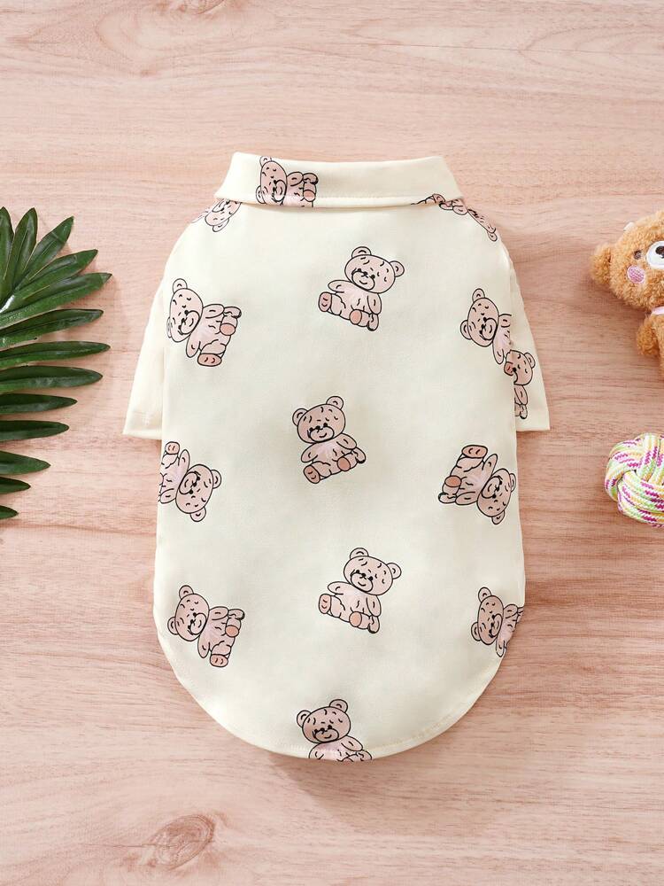 1pc Cute Bear Pattern Bow Tie Pet Shirt For Small Dog Cat, Suitable For Spring & Autumn