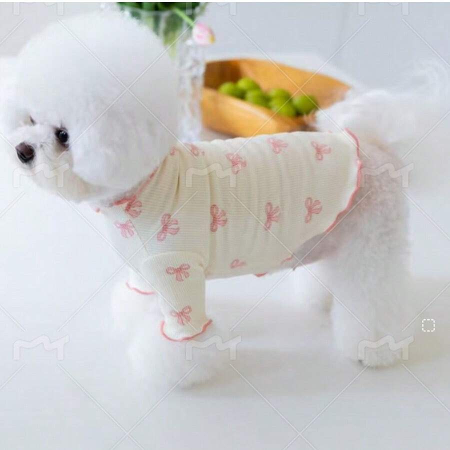 1pc Pet Dog/Cat Full Body Print Dress with Pink Bow Tie – Breathable Outfit for Teddy, Poodle, Chihuahua
